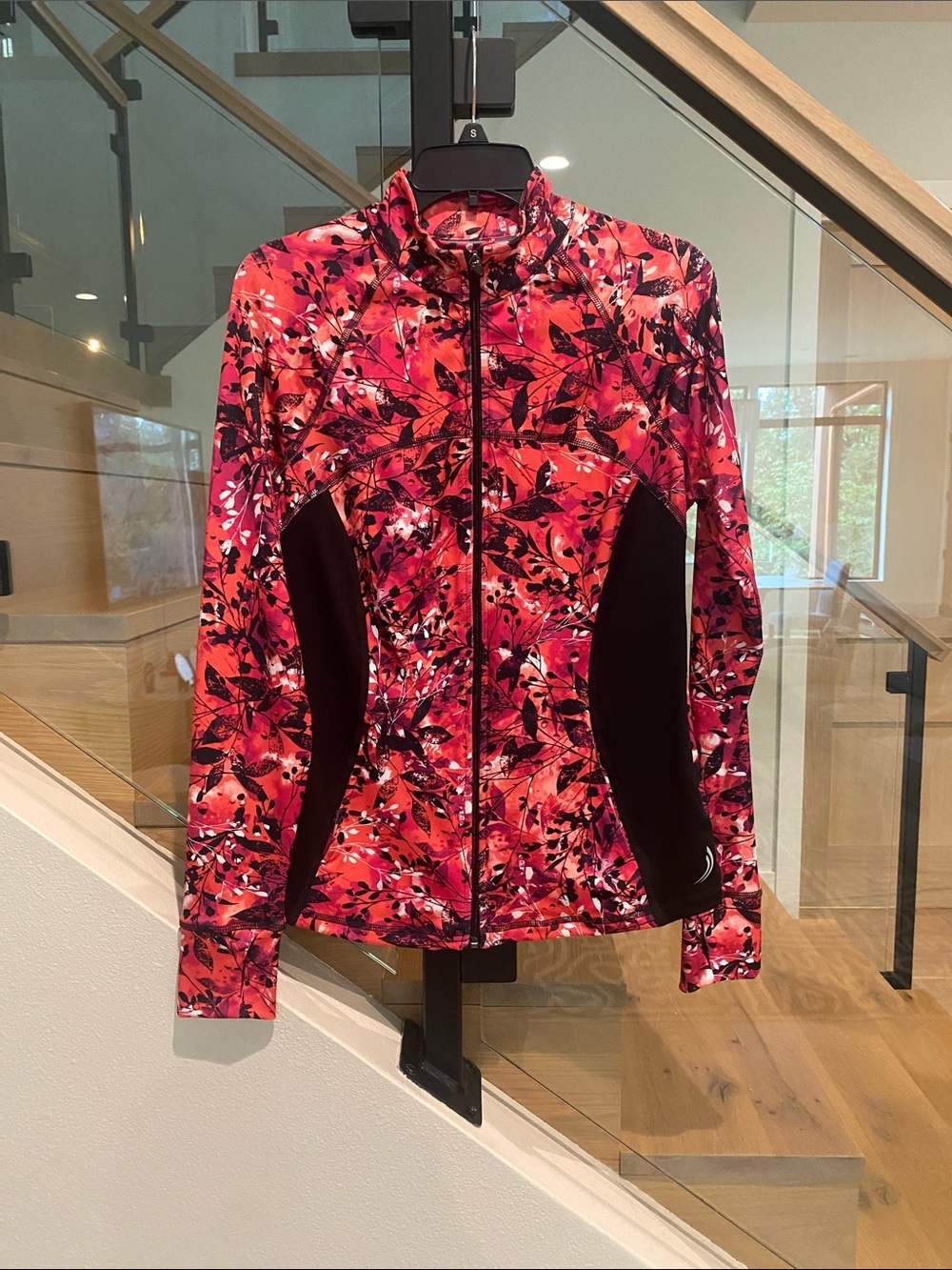 exertek Red-Pink Floral Zip Front athletic Jacket with Black Panels